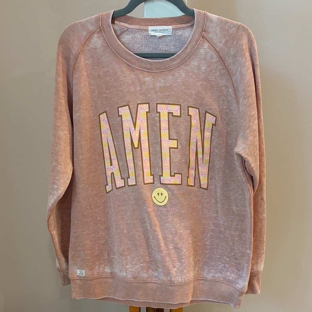 Simply Southern AMEN Crewneck Sweater - Dusty Rose with Yellow Accents